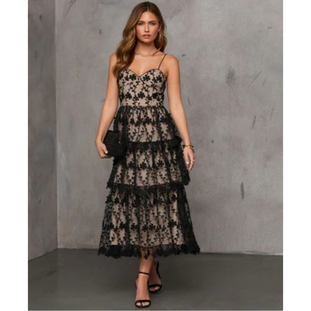 Endless Rose x Anthropologie midi dress‎ black floral lace layered Size XS
